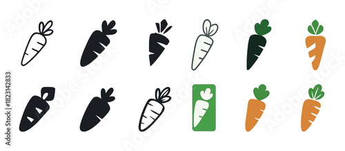 Collection of carrot icons in various styles and colors