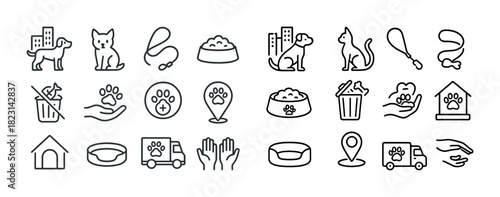 Pet care line icons: dogs, cats, accessories, and services