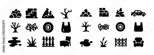 Collection of urban and nature silhouettes: trees, cars, graffiti, fences, bags
