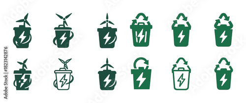 Green energy icons: wind turbine and recycling symbol collection