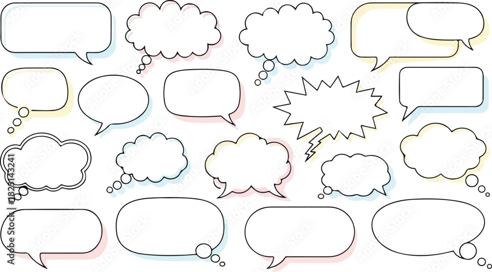 Fototapeta premium Multiple speech bubble variations with black borders and empty white space for text on a white background