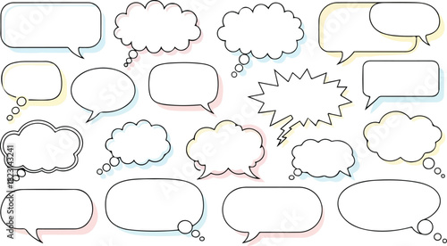 Multiple speech bubble variations with black borders and empty white space for text on a white background