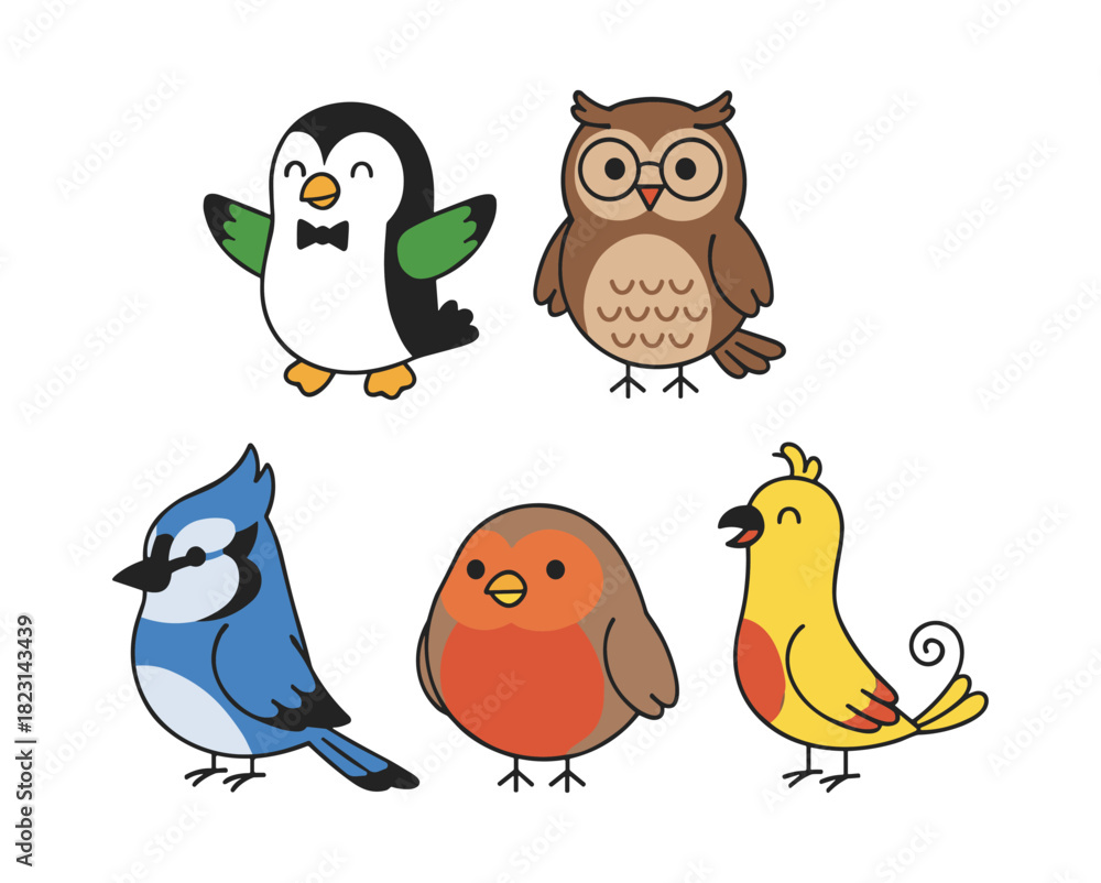 Obraz premium Cute cartoon birds standing smiling different characters