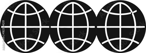 Three dark globes with white lines and gaps on black background Keywords: globes, world, earth, planet, network, connection, global, communication