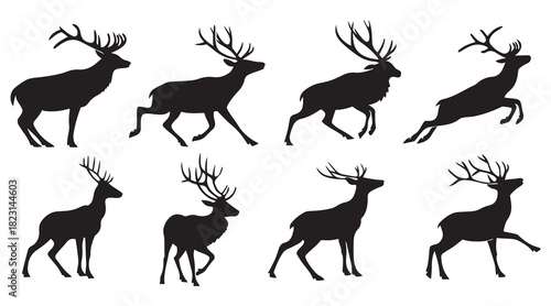 Deer stag silhouettes set: various dynamic poses of majestic wild animals Vector
