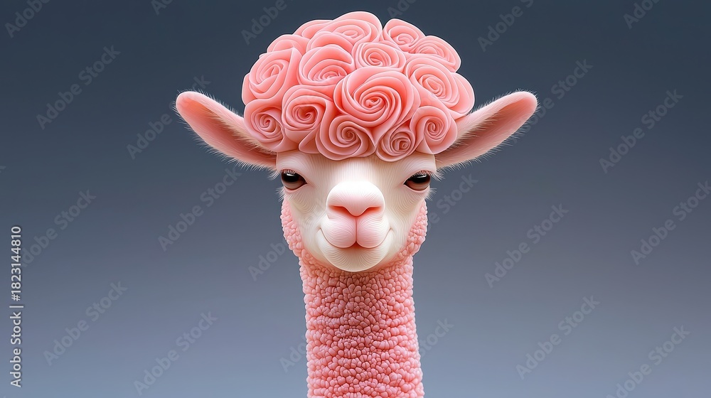 Obraz premium Cute Alpaca with Pink Floral Hairstyle Against Gradient Background