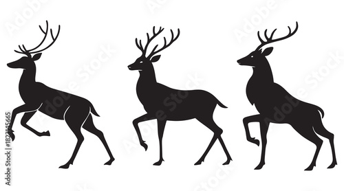 Three majestic deer silhouettes in dynamic poses, elegant vector graphics Vector