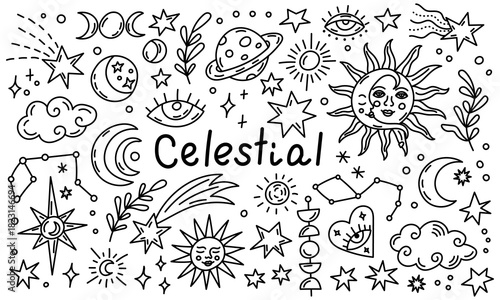 Celestial doodle illustration with stars moons and planets