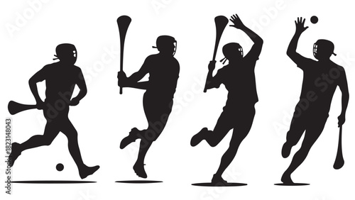 Silhouette of hurling players in action vector illustration of Irish sport isolated on white background