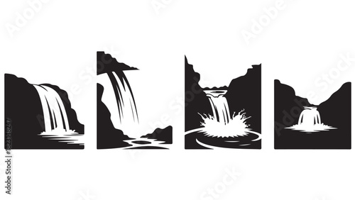 Set of waterfall icons simple black and white vector illustration isolated on white background