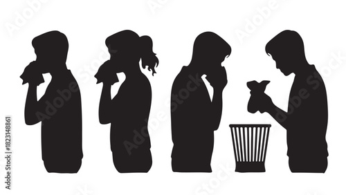 Silhouettes of people coughing and sneezing vector illustration showing sickness and hygiene isolated on white background