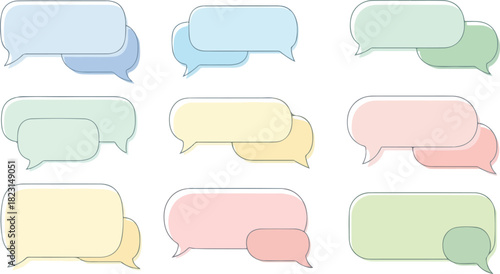 Nine pairs of overlapping differentcolored chat bubbles with thin dark outlines are arranged in a 3x3 grid