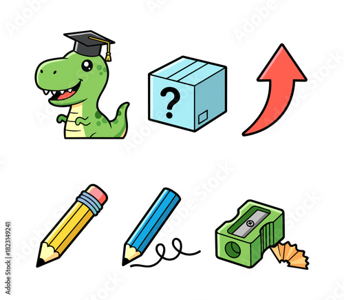School education icons with dinosaur, pencils and sharpener