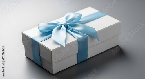 White gift box with blue ribbon present birthday celebration surprise package anniversary special occasion