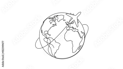 Airplane flying around the world, travel concept in line art.