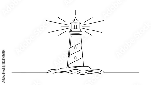 Line art illustration of a lighthouse on a rocky outcrop with light beams.