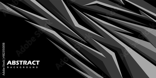 Sharp angular black and gray abstract background with dynamic geometric spikes, modern edgy design, racing themes, digital graphics, posters, decals, futuristic visual projects in high-contrast style.