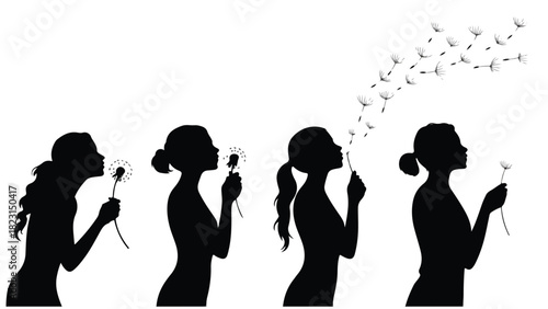 Silhouette of a woman blowing dandelion seeds a conceptual illustration of wishes dreams and the passage of time isolated on white