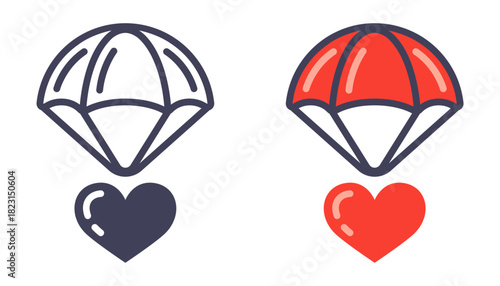 Parachute icon with a heart falling from the sky. Flat illustration.
