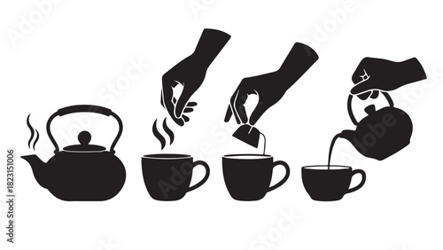 Black silhouette illustration showing the steps of making tea including adding tea leaves steeping a tea bag and pouring tea from a kettle isolated on white
