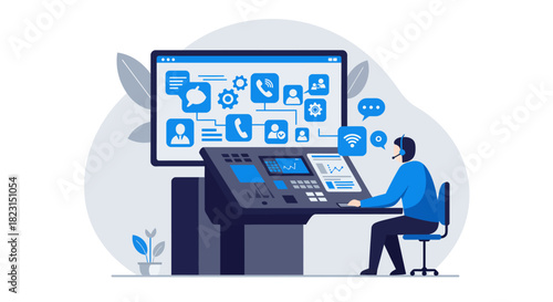 Customer Service Representative Working at Control Panel.