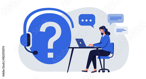 Customer Service Representative Working with Laptop and Headset.