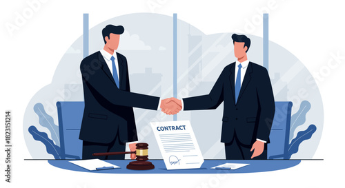 Businessmen Handshaking Over Contract Agreement Illustration.