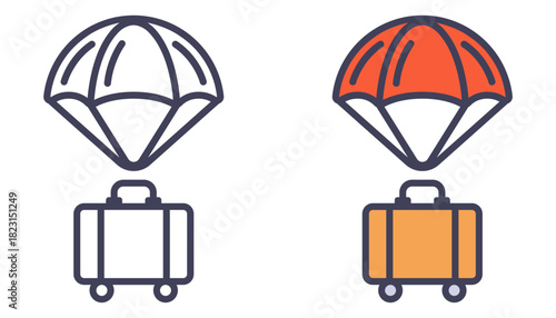 Black suitcase icon flying on a parachute. Flat illustration.
