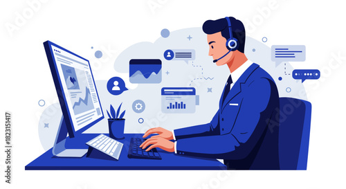 Customer Service Representative Working on Computer Headset.