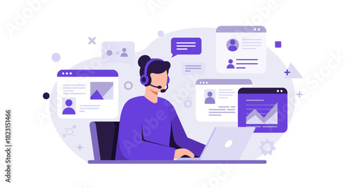 Customer Service Representative Working on Laptop with Headset.