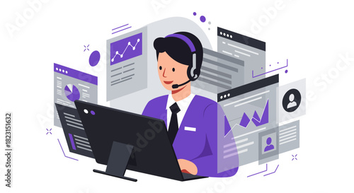 Customer Service Representative Working with Computer and Headset.