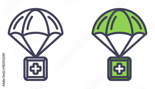 Black parachute icon with medical assistance. Flat illustration.