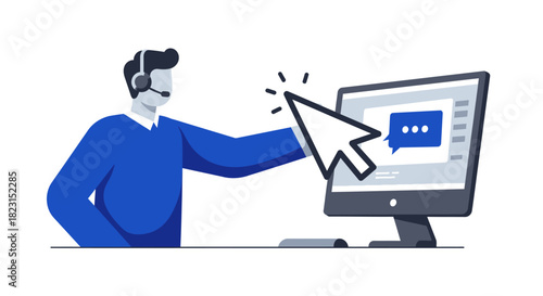 Customer Service Representative Interacting with Computer Screen.
