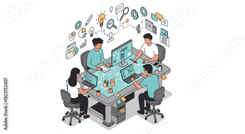 Team of Designers Collaborating Around a Table with Technology.