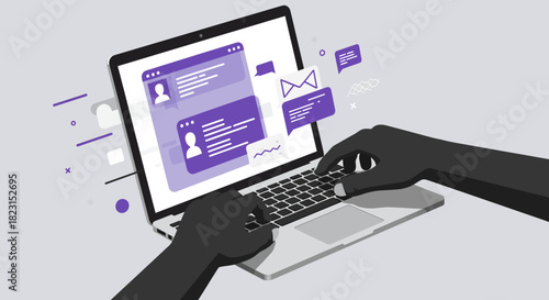 Laptop with Messaging Interface and Hands Typing.