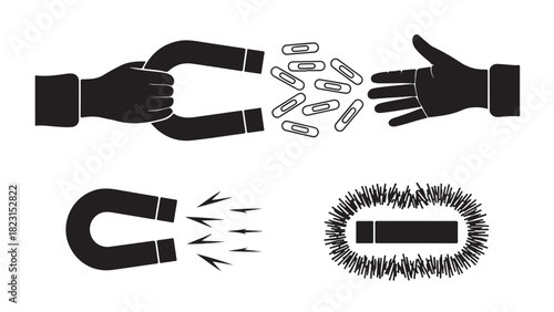 Magnetism vector illustration set showing magnetic force attracting paperclips isolated on white background
