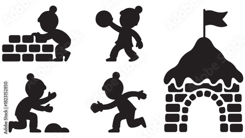 Silhouette of children playing building a brick wall and fort vector illustration isolated on white background