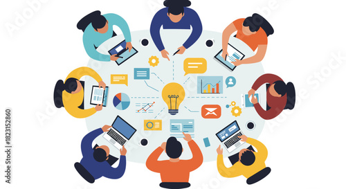 Teamwork and Idea Generation: Collaborative Business Meeting Illustration.