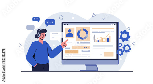 Customer Service Representative Explaining Data on Computer Screen.