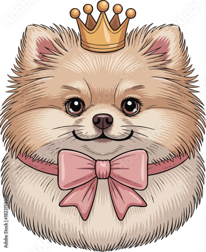 Cute Fluffy Pomeranian Dog with Crown and Pink Bow  Vector Illustration