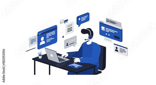 Customer Service Representative Working with Laptop and Headset.