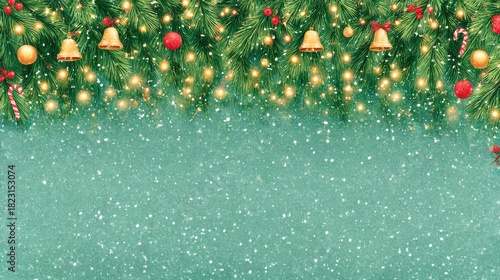 Emerald green Christmas banner background in horizontal layout, featuring a rich, lush pine garland running across the entire top edge. Garland decorated with shiny golden bells