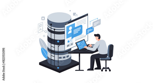 Data Analyst Working on Laptop Near Server Illustration.