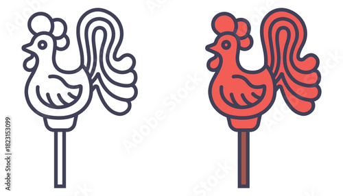 Red lollipop cockerel for kids. Flat illustration.