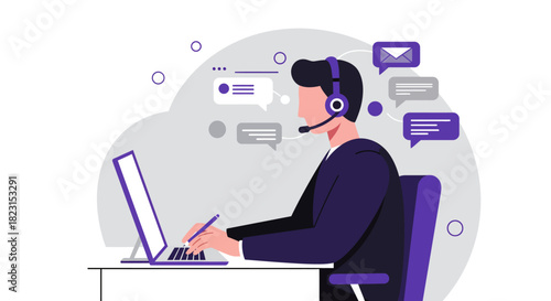 Customer Service Representative Working on Laptop with Headset.