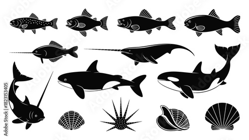 Oceanic creature black silhouette icons set