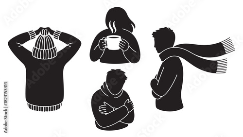 People feeling cold in winter vector illustration of shivering figures wearing warm clothing isolated on white background