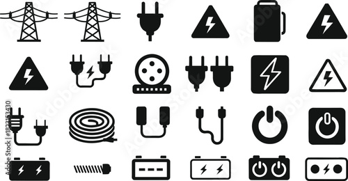 Electricity and power line icons set with plugs, batteries, sockets, lightning bolts, extension cords, vector illustration for stock content in energy systems
