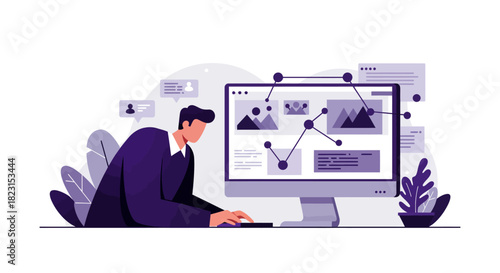 Businessman Working on Computer with Data Visualization.