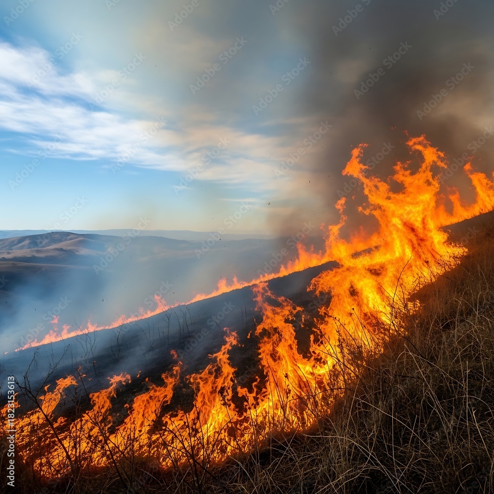 Fototapeta premium Wildfire on a grassy hillside under a cloudy sky smoke rising